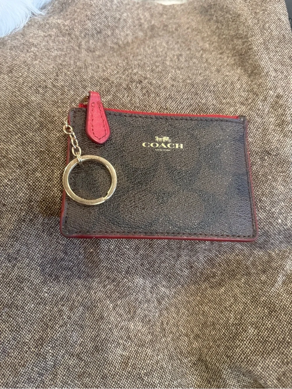 Coach Brown Signature Mini Zip Card Case with Red Trim - Picture 2 of 4